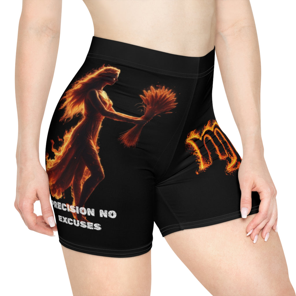 Virgo Zodiac Women's Biker Shorts — Fiery Virgo Design, 'Precision No Excuses' Activewear