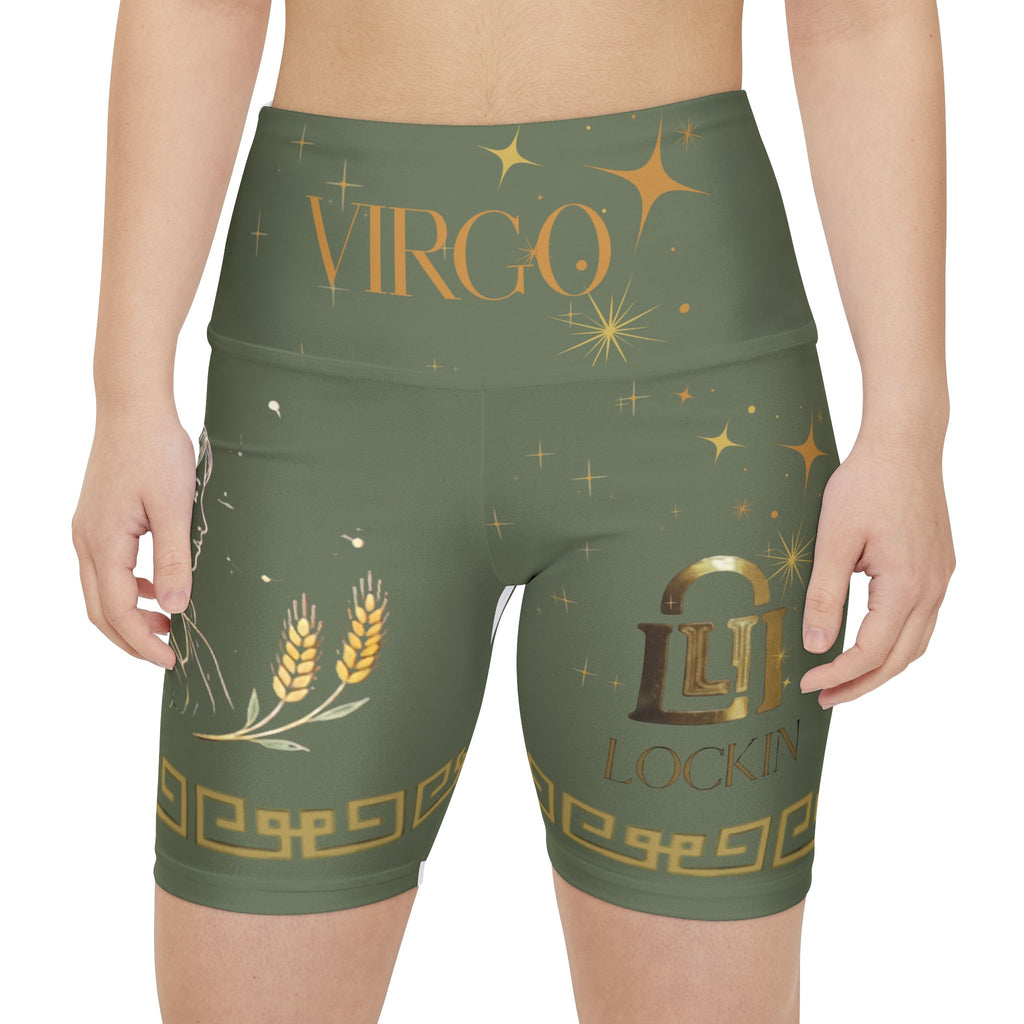 Virgo Zodiac Workout Shorts — 'LOCKIN' Green High-Waist Athletic Biker Shorts