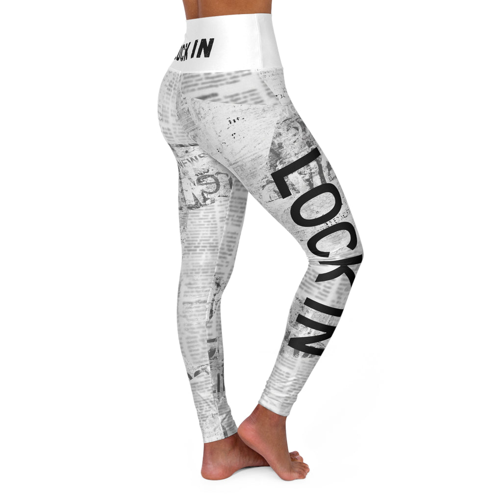 High-Waisted Yoga Leggings — Black & White Newspaper Print 'LOCK IN' Leggings