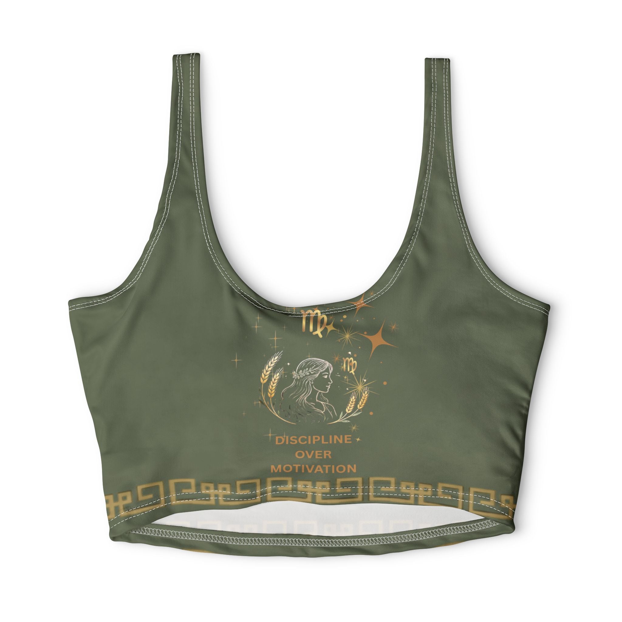 Virgo 'Discipline Over Motivation' Olive Sports Bra — Zodiac Fitness Crop Top