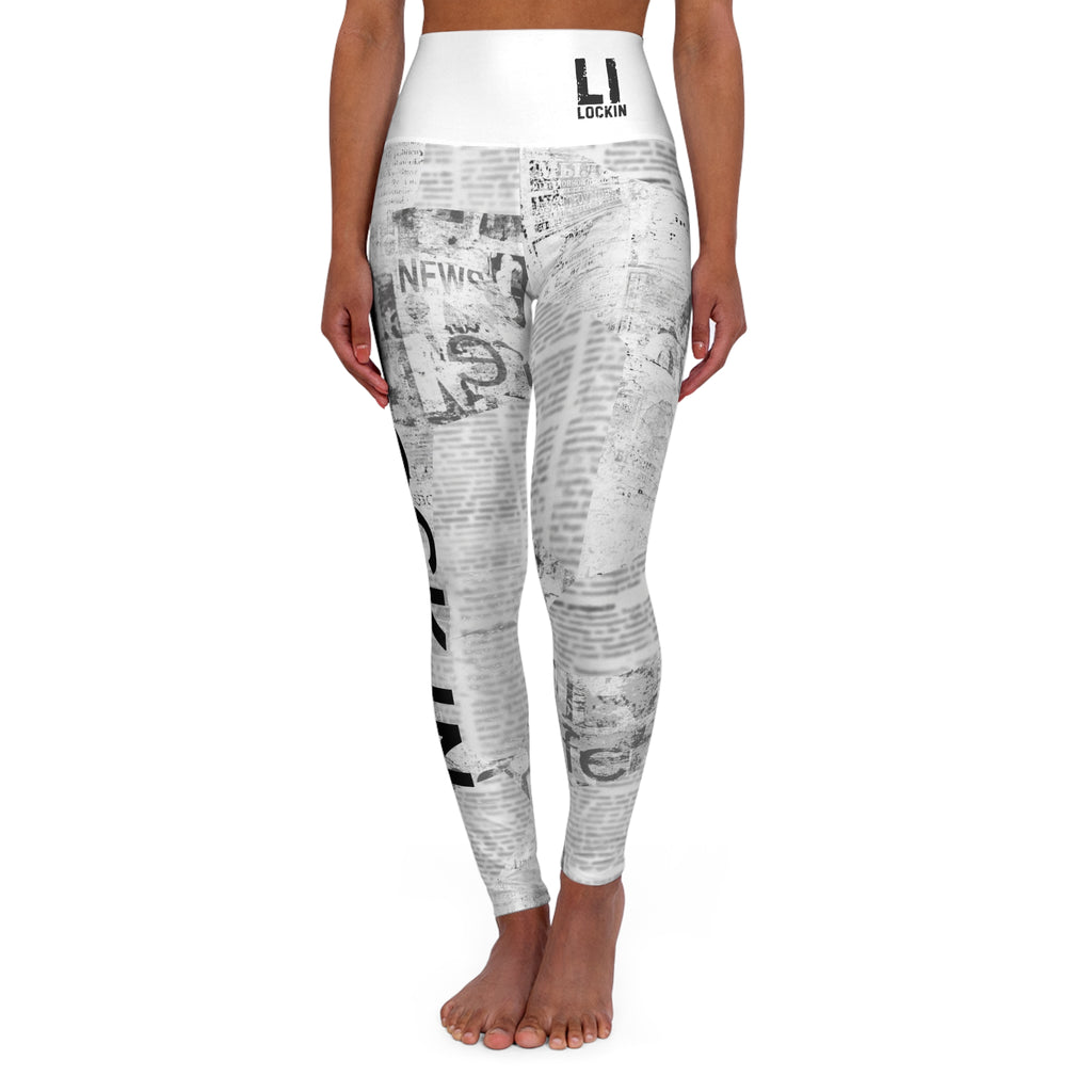High-Waisted Yoga Leggings — Black & White Newspaper Print 'LOCK IN' Leggings