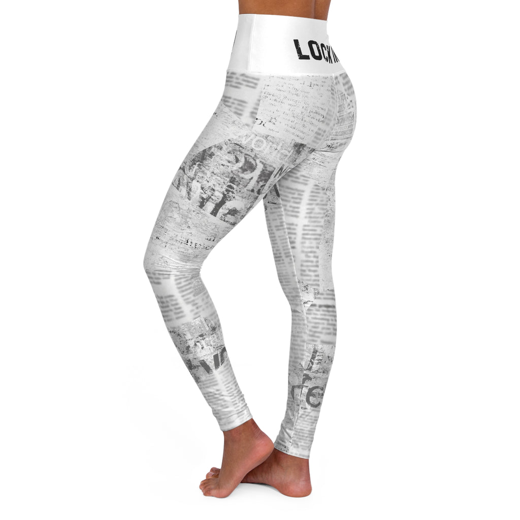High-Waisted Yoga Leggings — Black & White Newspaper Print 'LOCK IN' Leggings