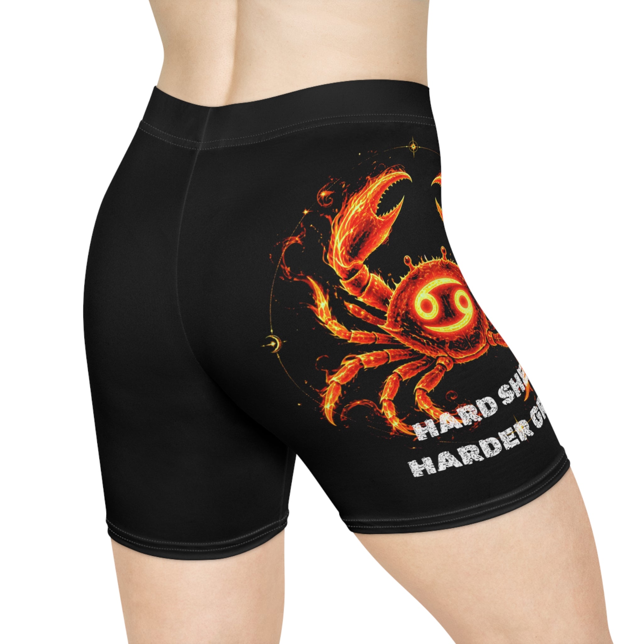 Cancer Zodiac Flame Cyclone Biker Shorts — 'Grind Harder' Fiery Horoscope Activewear