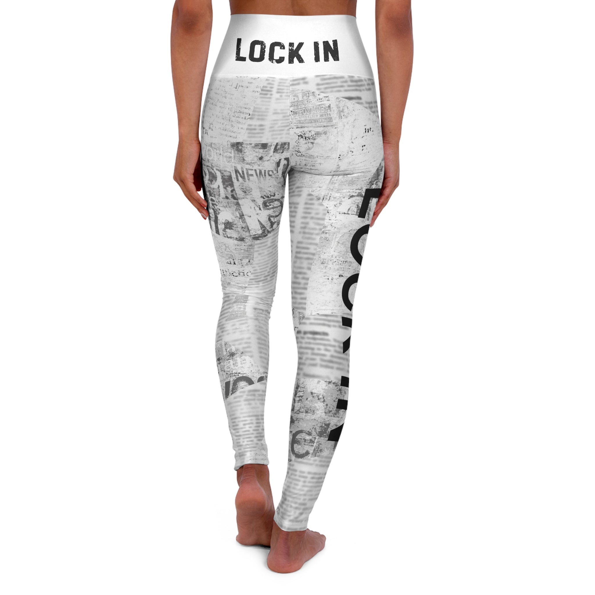 High-Waisted Yoga Leggings — Black & White Newspaper Print 'LOCK IN' Leggings