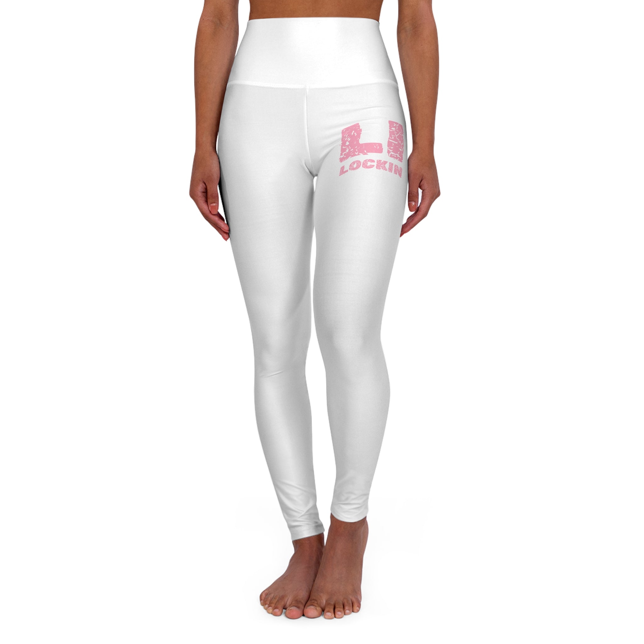 Yoga Leggings — High-Waisted White Leggings with Pink 'Locking' Graphic