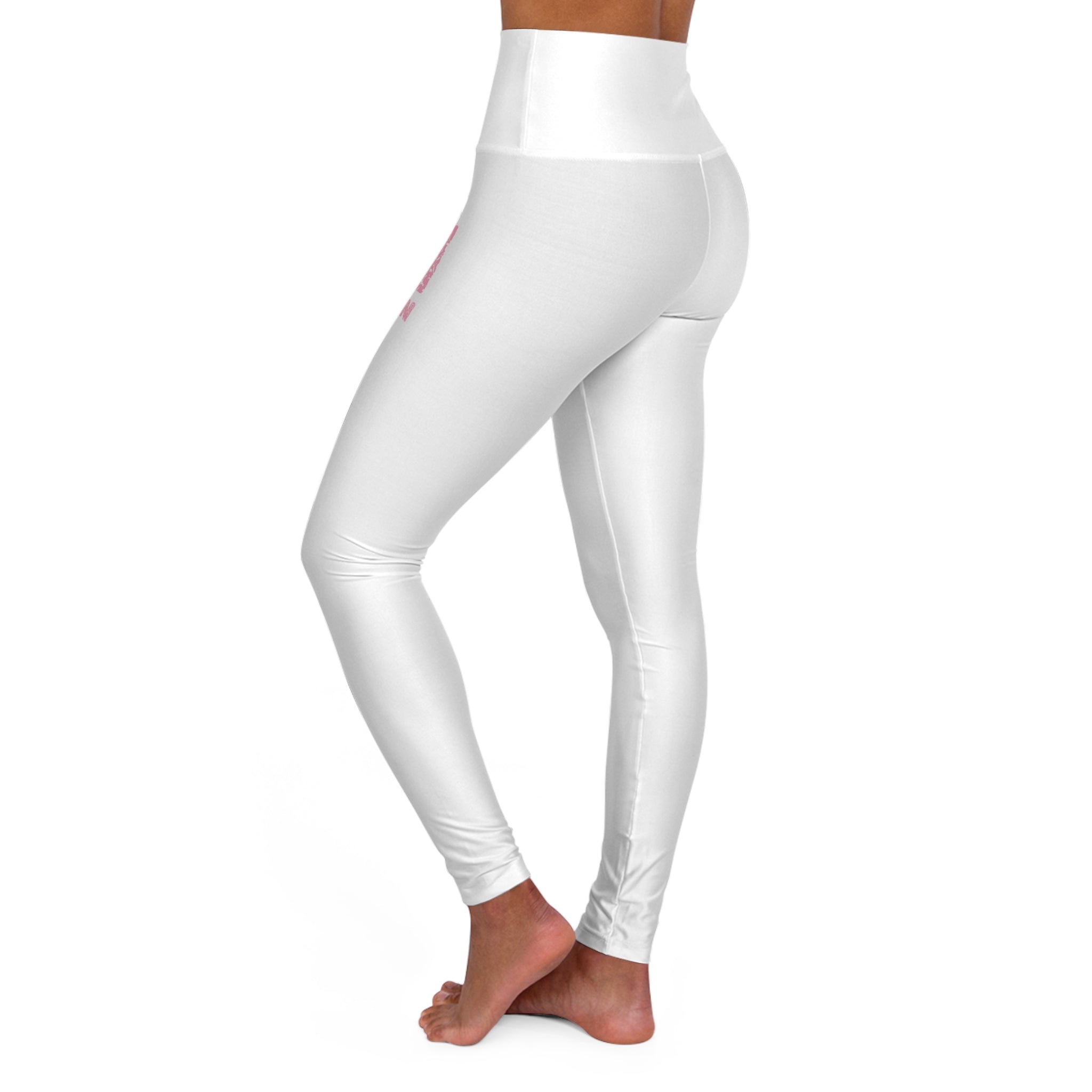 Yoga Leggings — High-Waisted White Leggings with Pink 'Locking' Graphic