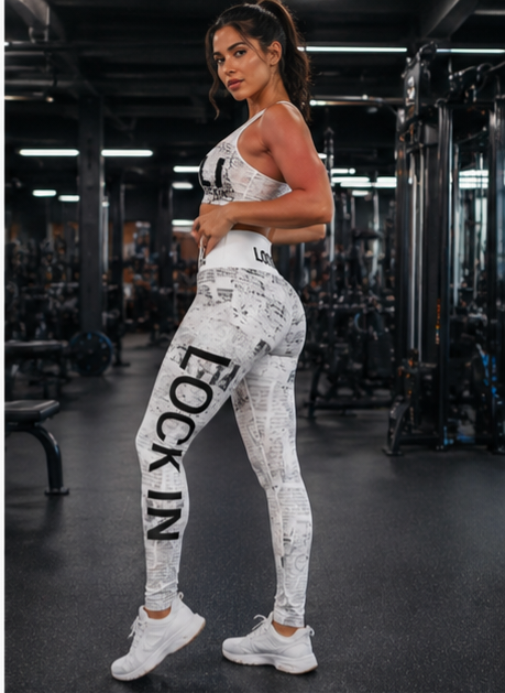 Lock In High-Waisted Yoga Leggings — Black & White Newspaper Print AOP