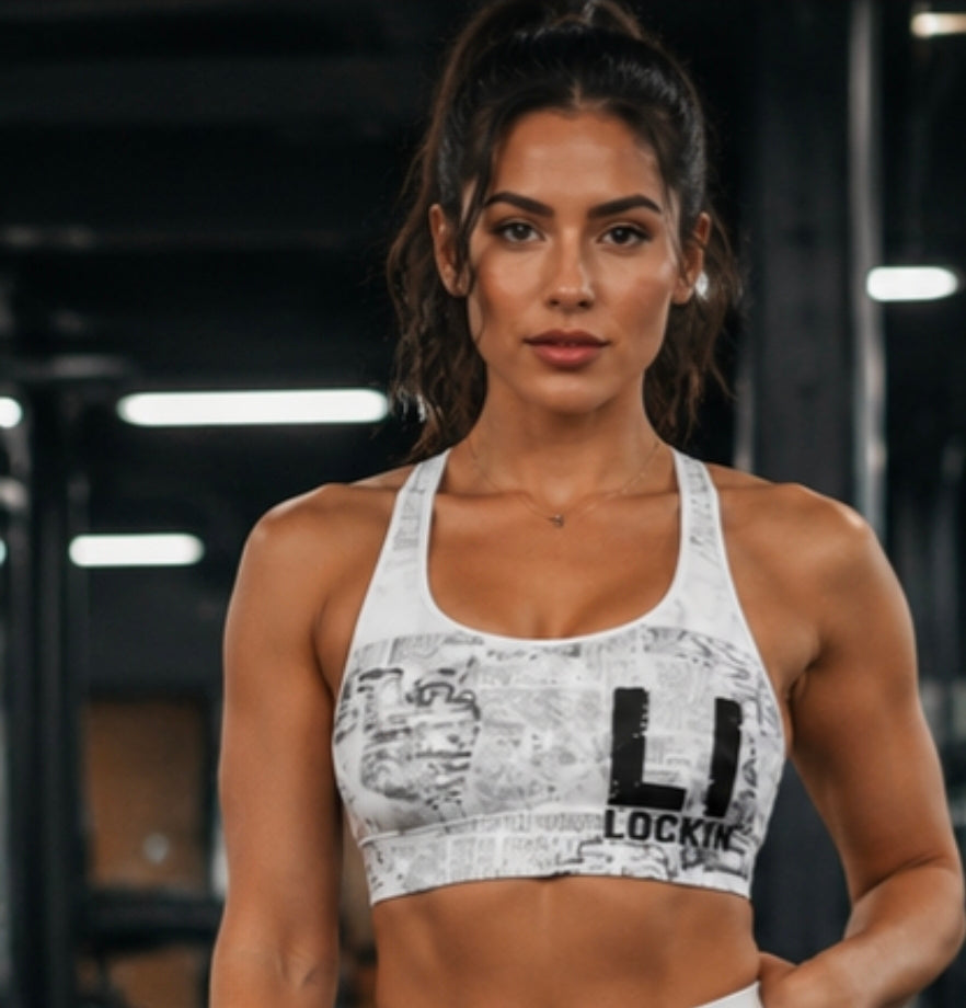 Newspaper Print Sports Bra — 'Lockin' Graphic Crop Activewear